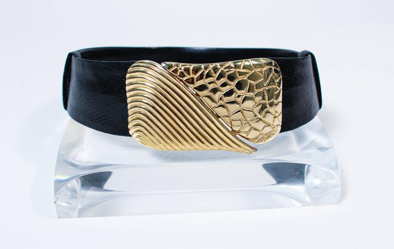 Judith Leiber Nude lizard Belt with Ornate Gold Floral Buckle JUDITH LEIBER Vintage Black Lizard Belt with Large Gold Belt  main image 2