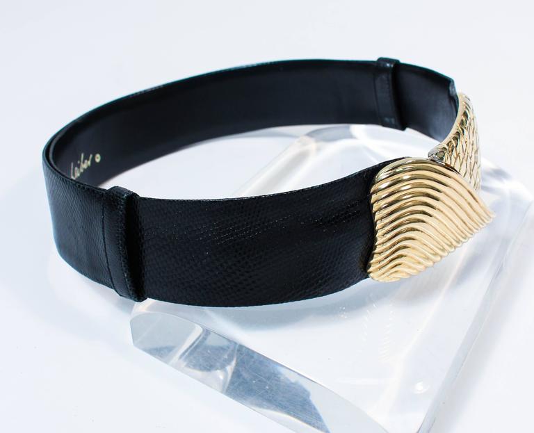 Vintage JUDITH LEIBER Black Lizard Leather Belt With Large Gold Tone Belt Buckle JUDITH LEIBER Vintage Black Lizard Belt with Large Gold Belt  main image 3