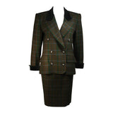 YVES SAINT LAURENT Wool Plaid Skirt Suit w/ Velvet Details Size 4