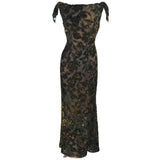 VINTAGE Green Metallic Silk Velvet Draped Gown Size 6-8