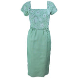 VINTAGE Circa 1950s Green Dress w/ White Floral Embroidery Size 2-4