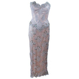 VICKY TIEL Blush Beaded Lace Corset Gown Size 6-8. This Vicky Tiel gown is composed of a beaded lace and silk in a blush hue. Features a boned corset upper and draped skirt. There is a center back zipper closure. In excellent condition. **Please cross-reference measurements for personal accuracy. Marked size 10, but fits more like 6-8. Measures (Approximately) Length: 49.5" Bust: 32" Waist: 27.25" Hip: 36"
