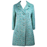 VINTAGE Circa 1960s Aqua Metallic Coat, Beaded Buttons Size 6