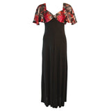 VICKY TIEL Coral Silk Velvet Burnout Gown with Bell Sleeves