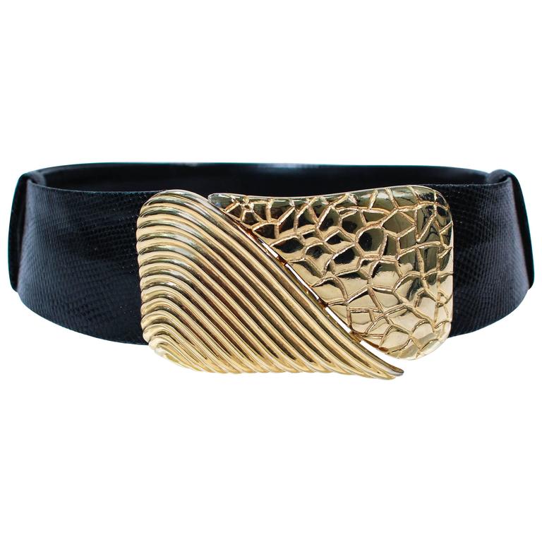 JUDITH LEIBER Vintage Black Lizard Belt with Large Gold Belt 