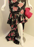 EMANUEL UNGARO 1980s Black and Pink Floral Strapless Gown