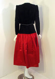 ADOLFO 1980s 2 pc Red Satin Skirt and Black Velvet Jacket