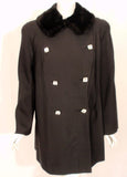 TRAINA-NORELL Black Faille Coat w/ Rhinestone Buttons & Beaver Collar