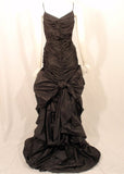 VINTAGE Circa 1980s Black Taffeta Ruched Long Gown, Train