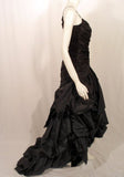 VINTAGE Circa 1980s Black Taffeta Ruched Long Gown, Train