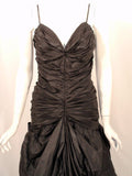 VINTAGE Circa 1980s Black Taffeta Ruched Long Gown, Train