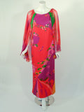 HANAE MORI Floral Print Silk Chiffon Caftan Gown