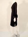 DON LOPER Black Long Sleeve Wool Dress, Side Slit, and Fur Cuffs Size 6
