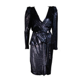 VICKY TIEL Navy Silk Metallic Skirt Suit Size 36