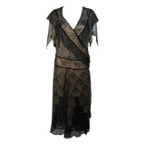 VINTAGE Circa 1920s Black & Gold Lace Velvet Draped Dress
