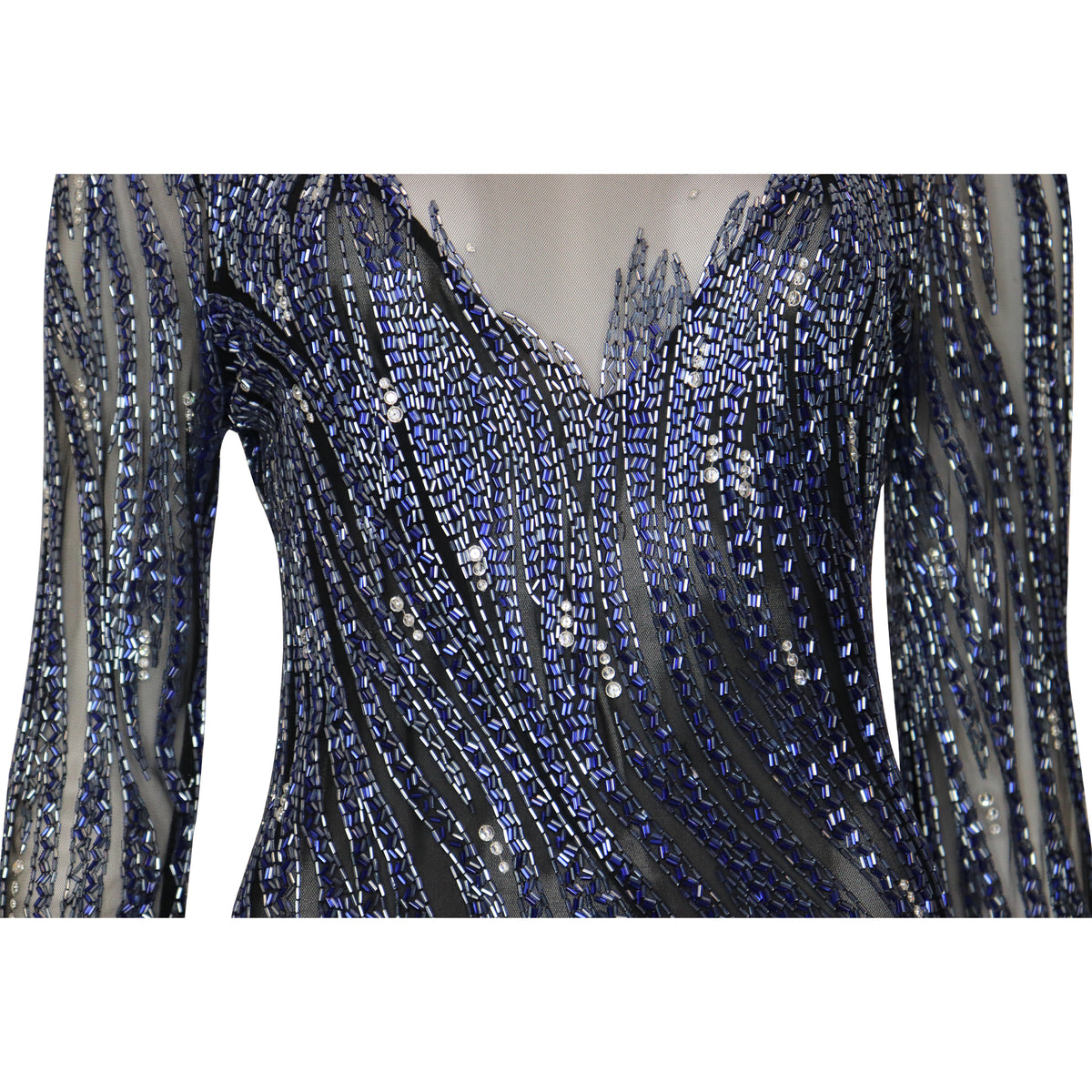 Bob Mackie Black Mesh w/ Blue Beading Long Sleeve High Neck Gown Circa   The Paper Bag Princess