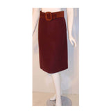 CHRISTIAN DIOR 1971 3 pc Burgundy Wool Coat Set. This is an Haute Couture three 4 piece ensemble by Christian Dior Haute Couture, from the winter collection 1971. It includes a burgundy wool double breasted coat with two front open square pockets, fox fur collar, and suede belt