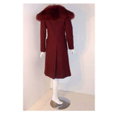 CHRISTIAN DIOR 1971 3 pc Burgundy Wool Coat Set. This is an Haute Couture three 4 piece ensemble by Christian Dior Haute Couture, from the winter collection 1971. It includes a burgundy wool double breasted coat with two front open square pockets, fox fur collar, and suede belt