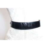 Donna Karan Black High Gloss Box Leather Belt w/ Oval Buckle Circa 1990s