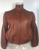 MIU MIU Tan Leather Smocked Detail Zip Front Leather Jacket Size 2-4