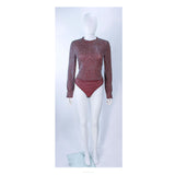 GIORGIO ARMANI Pink Mauve Silk Pant Suit with Beaded Mesh Body Suit Size 42. This Giorgio Armani pant suit is composed of a pink mauve hue silk, comes with a brown beaded mesh bodysuit. The jacket has a center front button closure, and the pants feature a zipper closure. In excellent condition