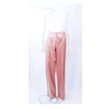 GIORGIO ARMANI Pink Mauve Silk Pant Suit with Beaded Mesh Body Suit Size 42. This Giorgio Armani pant suit is composed of a pink mauve hue silk, comes with a brown beaded mesh bodysuit. The jacket has a center front button closure, and the pants feature a zipper closure. In excellent condition