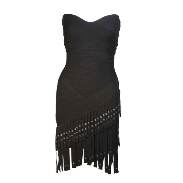 This Herve Leger design is available for viewing at our Beverly Hills Boutique. We offer a large selection of evening gowns and luxury garments.   This dress is composed of a black elastic with fringe and grommet details. There is a center back zipper. In excellent condition.