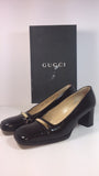 GUCCI Brown Patent Leather Gold Logo Block Heel With Box Size 7 1/2