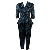 DYNASTY Asian Inspired Black and Blue Floral Pant Suit Sz 0-2