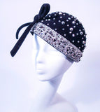 YVES SAINT LAURENT Black Felt Rhinestone Embellished Hat w/ Bow