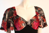 VICKY TIEL Coral Silk Velvet Burnout Gown with Bell Sleeves
