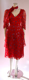 VINTAGE Circa 1970s Red Silk Tired Dress, Purple Metallic Accents