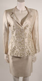 OSCAR DE LA RENTA Champagne Silk with Sage Embroidery Skirt Suit Size 10