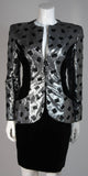 VICKY TIEL Silver Silk and Black Velvet Accent Skirt Suit Size 38