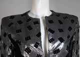 VICKY TIEL Silver Silk and Black Velvet Accent Skirt Suit Size 38
