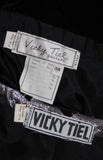 VICKY TIEL Silver Silk and Black Velvet Accent Skirt Suit Size 38