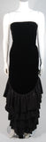 VICKY TIEL Black Velvet Gown with Tiered Silk Detail Size Small