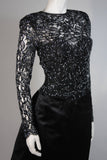 VICKY TIEL Black Embellished Lace Gown With Silk Skirt Size Small