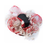 This Saks Fifth Ave. hat is composed of a black base with elastic piece for wear. Features white and red ostrich feathers. In excellent vintage condition.