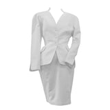 THIERRY MUGLER White Textured Cotton Skirt Suit Size 42. This Thierry Mugler skirt suit is composed of a white textured cotton fabric. Features a classic Mugler silhouette with nipped waist and curved bust-line to neckline design. The jacket has front snap closures, rounded shoulders, and a gathered panel detail at the back. The classic pencil style skirt features a zipper closure. In good vintage pre-owned condition. Made in France.Measurements in Inches:JacketBust: 42 Waist: 30 SkirtWaist: 28Hip: 38Length
