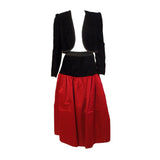 ADOLFO 1980s 2 pc Red Satin Skirt and Black Velvet Jacket