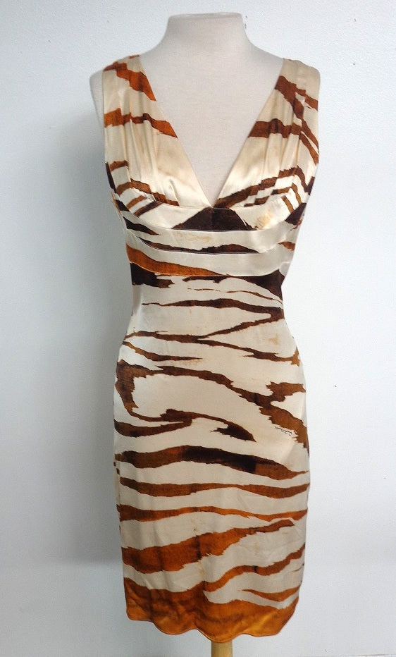 Roberto Cavalli ドレス サイズ42 ROBERTO CAVALLI Tiger Print Silk Deep V-Neck Dress 42 – The