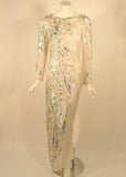 Bob Mackie White Long Sleeve Gown, with waves of Purple and Blue Beads & Sequins