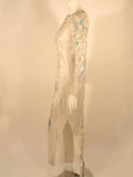 Bob Mackie White Long Sleeve Gown, with waves of Purple and Blue Beads & Sequins