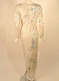 Bob Mackie White Long Sleeve Gown, with waves of Purple and Blue Beads & Sequins