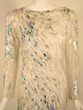 Bob Mackie White Long Sleeve Gown, with waves of Purple and Blue Beads & Sequins