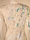 Bob Mackie White Long Sleeve Gown, with waves of Purple and Blue Beads & Sequins