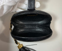 CHANEL Vintage Black Quilted Lambskin Oval Clutch w/ Logo Tassel