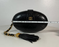 CHANEL Vintage Black Quilted Lambskin Oval Clutch w/ Logo Tassel