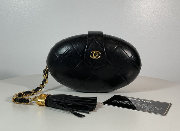 CHANEL Vintage Black Quilted Lambskin Oval Clutch w/ Logo Tassel